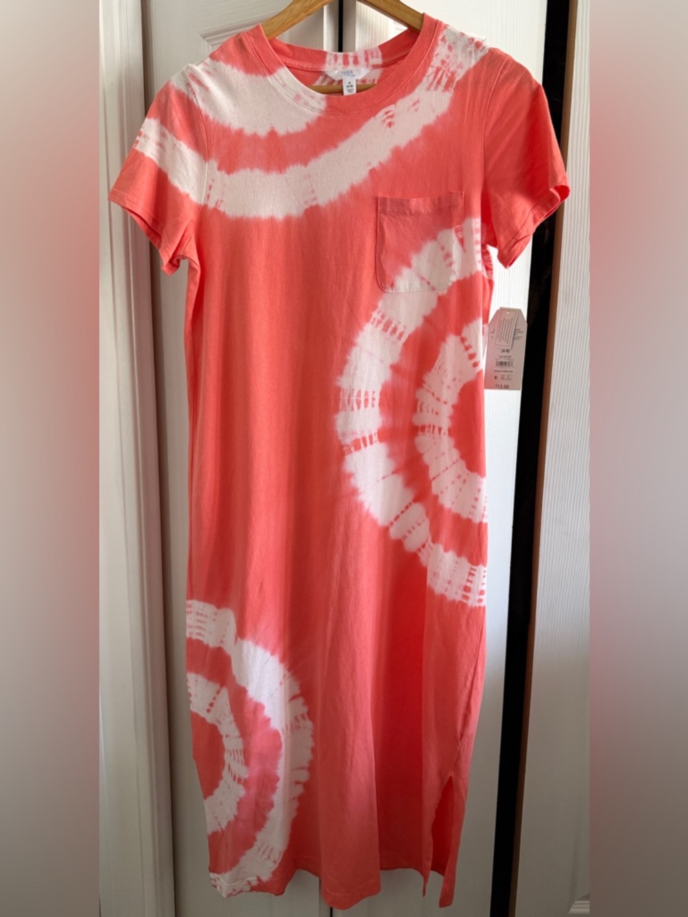 Time and Tru Coral and White Tie-Dye Tee Dress with Pocket
